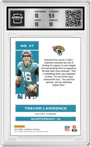 Trevor Lawrence from the 2021 Panini Chronicles set graded by Arena Club and given an overall grade of 10.