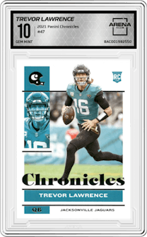 Trevor Lawrence from the 2021 Panini Chronicles set graded by Arena Club and given an overall grade of 10.