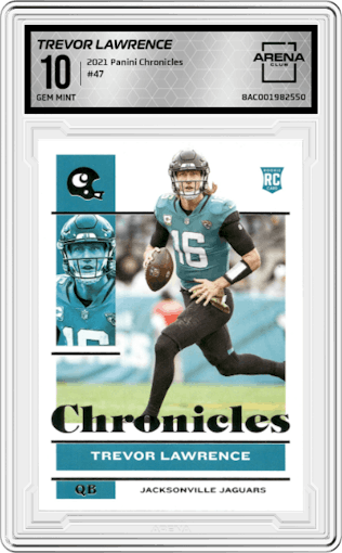 Trevor Lawrence from the 2021 Panini Chronicles set graded by Arena Club and given an overall grade of 10.