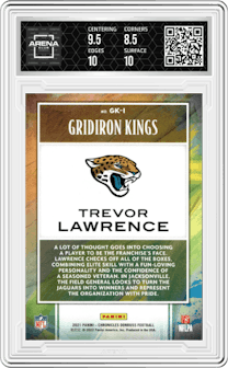 Trevor Lawrence from the 2021 Panini Chronicles set graded by Arena Club and given an overall grade of 9.