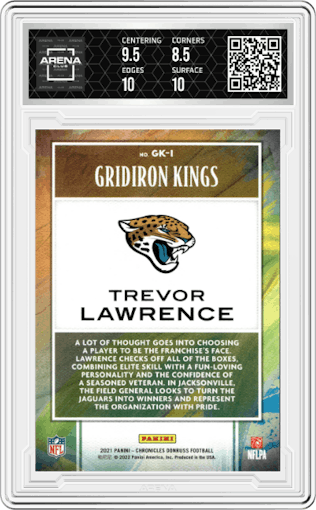 Trevor Lawrence from the 2021 Panini Chronicles set graded by Arena Club and given an overall grade of 9.