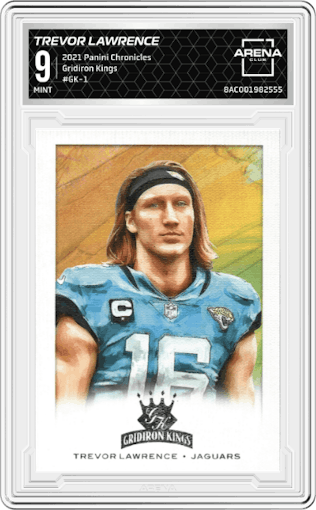 Trevor Lawrence from the 2021 Panini Chronicles set graded by Arena Club and given an overall grade of 9.