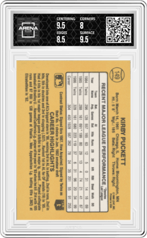 Kirby Puckett from the 1987 Donruss set graded by Arena Club and given an overall grade of 8.5.