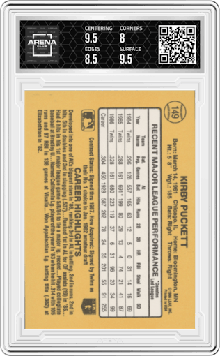 Kirby Puckett from the 1987 Donruss set graded by Arena Club and given an overall grade of 8.5.