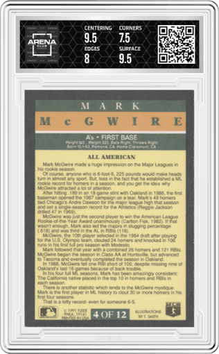 Mark McGwire from the 1991 Fleer set graded by Arena Club and given an overall grade of 8.