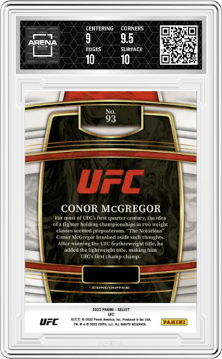 Conor McGregor from the 2022 Panini Select UFC  set featuring a Blue Retail parallel graded by Arena Club and given an overall grade of 9.5.