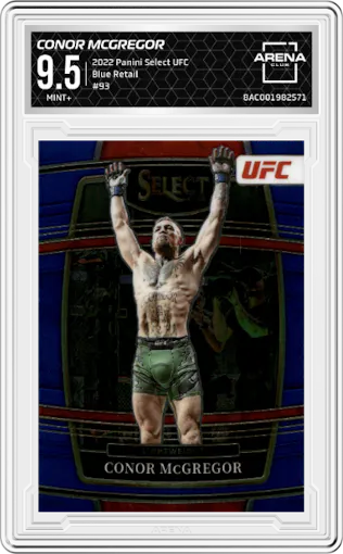 Conor McGregor from the 2022 Panini Select UFC  set featuring a Blue Retail parallel graded by Arena Club and given an overall grade of 9.5.