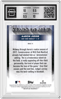 Aaron Judge from the 2022 Topps  Series 1 set graded by Arena Club and given an overall grade of 10.