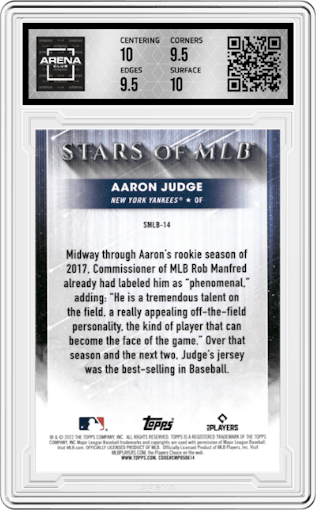 Aaron Judge from the 2022 Topps  Series 1 set graded by Arena Club and given an overall grade of 10.