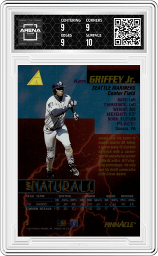 Ken Griffey Jr. from the 1994 Pinnacle The Naturals set graded by Arena Club and given an overall grade of 9.5.