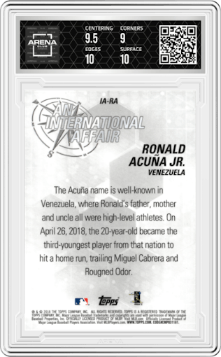 Ronald Acuña Jr. from the 2018 Topps Chrome Update  set graded by Arena Club and given an overall grade of 9.5.
