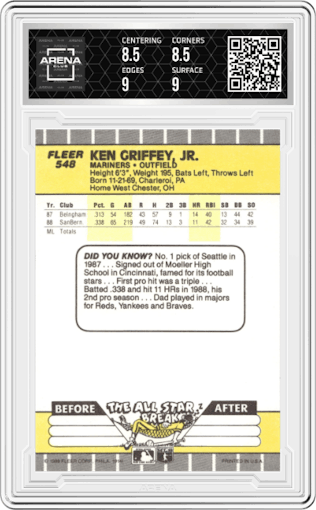 Ken Griffey Jr. from the 1989 Fleer set graded by Arena Club and given an overall grade of 9.