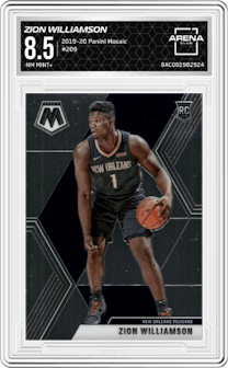 Zion Williamson  from the 2019-20 Panini Mosaic  set graded by Arena Club and given an overall grade of 8.5.