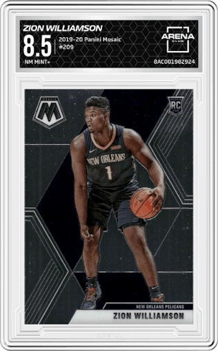 Zion Williamson  from the 2019-20 Panini Mosaic  set graded by Arena Club and given an overall grade of 8.5.