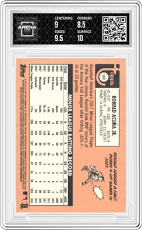 Ronald Acuna Jr. from the 2018 Topps Heritage High Number set graded by Arena Club and given an overall grade of 9.