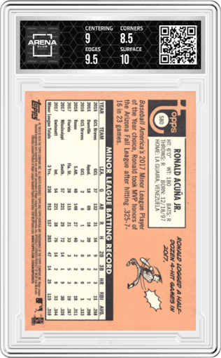 Ronald Acuna Jr. from the 2018 Topps Heritage High Number set graded by Arena Club and given an overall grade of 9.