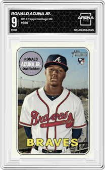 Ronald Acuna Jr. from the 2018 Topps Heritage High Number set graded by Arena Club and given an overall grade of 9.