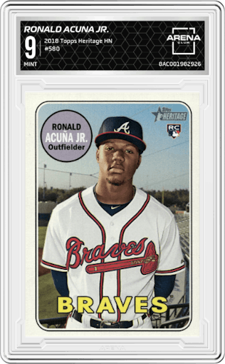 Ronald Acuna Jr. from the 2018 Topps Heritage High Number set graded by Arena Club and given an overall grade of 9.