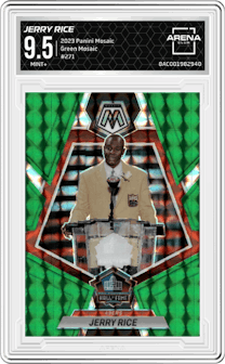 Jerry Rice from the 2023 Panini Mosaic set featuring a Green Mosaic parallel graded by Arena Club and given an overall grade of 9.5.