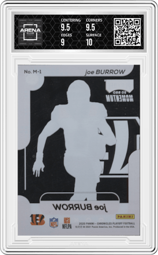 Joe Burrow from the 2020 Panini Chronicles set graded by Arena Club and given an overall grade of 9.5.