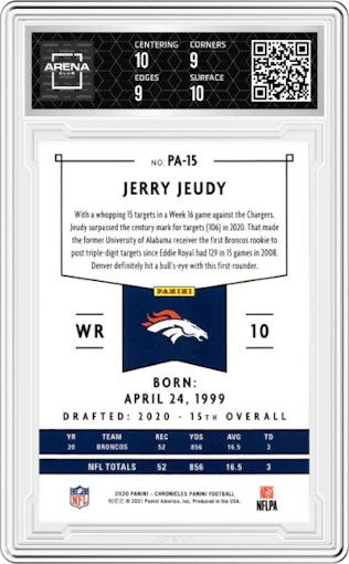 Jerry Jeudy from the 2020 Panini Chronicles set graded by Arena Club and given an overall grade of 9.5.