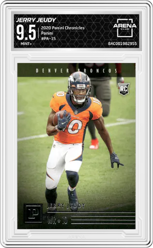 Jerry Jeudy from the 2020 Panini Chronicles set graded by Arena Club and given an overall grade of 9.5.