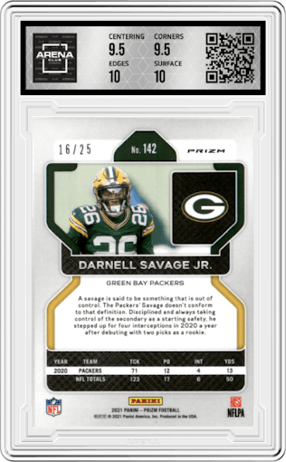 Darnell Savage Jr. from the 2021 Panini Prizm set featuring a Blue Shimmer parallel graded by Arena Club and given an overall grade of 10.