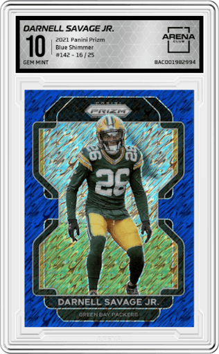 Darnell Savage Jr. from the 2021 Panini Prizm set featuring a Blue Shimmer parallel graded by Arena Club and given an overall grade of 10.