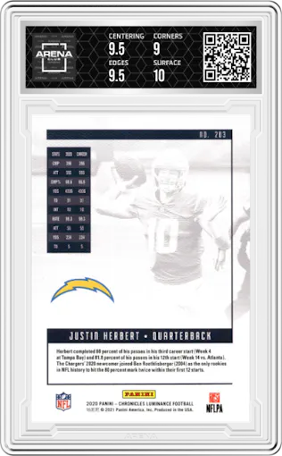 Justin Herbert from the 2020 Panini Chronicles set featuring a Green parallel graded by Arena Club and given an overall grade of 9.5.
