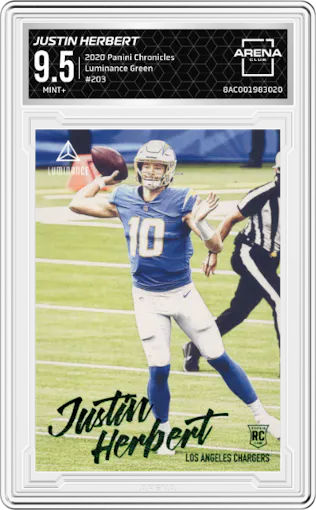 Justin Herbert from the 2020 Panini Chronicles set featuring a Green parallel graded by Arena Club and given an overall grade of 9.5.