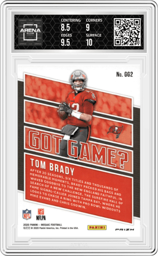 Tom Brady from the 2020 Panini Mosaic set featuring a Green Mosaic parallel graded by Arena Club and given an overall grade of 9.