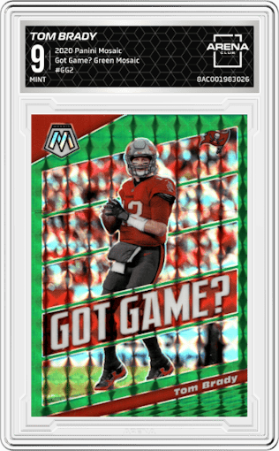 Tom Brady from the 2020 Panini Mosaic set featuring a Green Mosaic parallel graded by Arena Club and given an overall grade of 9.