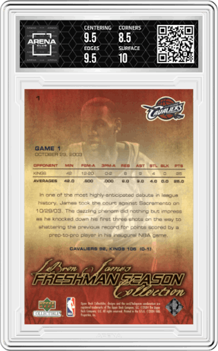 Lebron James  from the 2003-04 Upper Deck Collectibles LeBron James Freshman Season set graded by Arena Club and given an overall grade of 9.