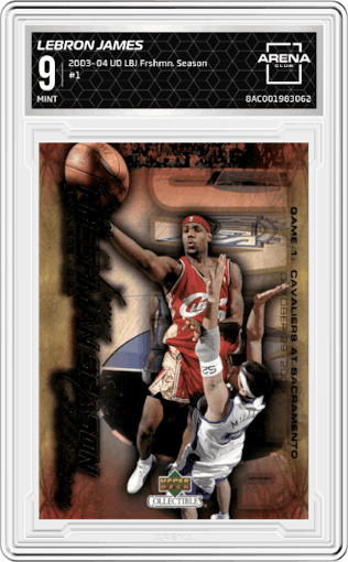 Lebron James  from the 2003-04 Upper Deck Collectibles LeBron James Freshman Season set graded by Arena Club and given an overall grade of 9.