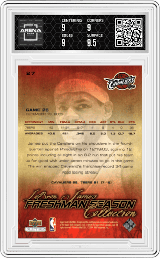 Lebron James from the 2003-04 Upper Deck Collectibles LeBron James Freshman Season set graded by Arena Club and given an overall grade of 9.