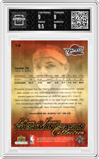 LeBron James from the 2003-04 Upper Deck Collectibles LeBron James Freshman Season set graded by Arena Club and given an overall grade of 9.