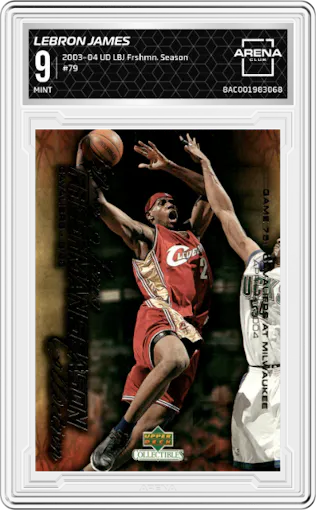 LeBron James from the 2003-04 Upper Deck Collectibles LeBron James Freshman Season set graded by Arena Club and given an overall grade of 9.