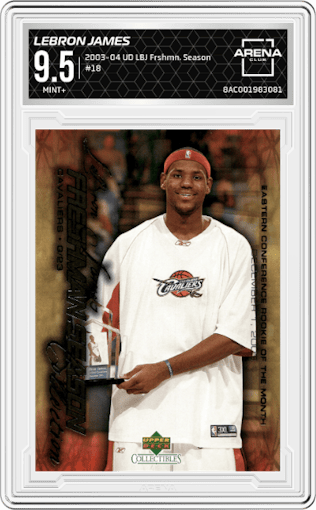Lebron James from the 2003-04 Upper Deck Collectibles LeBron James Freshman Season set graded by Arena Club and given an overall grade of 9.5.
