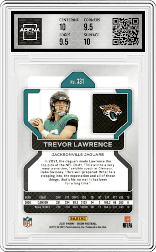 Trevor Lawrence from the 2021 Panini Prizm set graded by Arena Club and given an overall grade of 10.