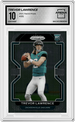 Trevor Lawrence from the 2021 Panini Prizm set graded by Arena Club and given an overall grade of 10.