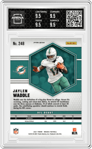 Jaylen Waddle from the 2021 Panini Mosaic set featuring a Reactive Yellow parallel graded by Arena Club and given an overall grade of 9.5.