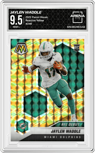 Jaylen Waddle from the 2021 Panini Mosaic set featuring a Reactive Yellow parallel graded by Arena Club and given an overall grade of 9.5.