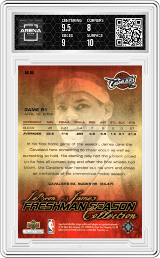Lebron James from the 2003-04 Upper Deck Collectibles LeBron James Freshman Season set graded by Arena Club and given an overall grade of 8.5.