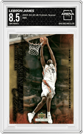 Lebron James from the 2003-04 Upper Deck Collectibles LeBron James Freshman Season set graded by Arena Club and given an overall grade of 8.5.