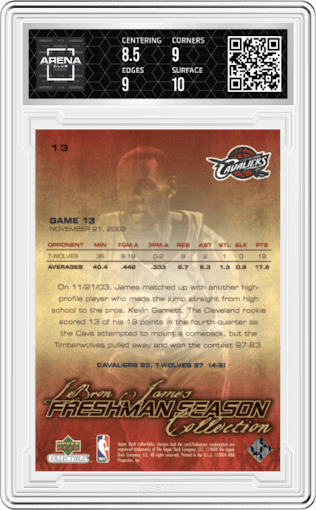 Lebron James from the 2003-04 Upper Deck Collectibles LeBron James Freshman Season set graded by Arena Club and given an overall grade of 9.