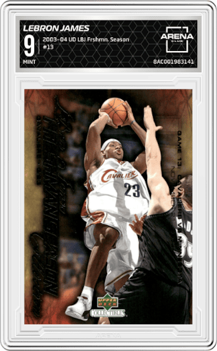 Lebron James from the 2003-04 Upper Deck Collectibles LeBron James Freshman Season set graded by Arena Club and given an overall grade of 9.