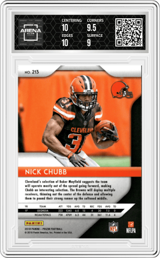 Nick Chubb from the 2018 Panini Prizm set graded by Arena Club and given an overall grade of 9.5.