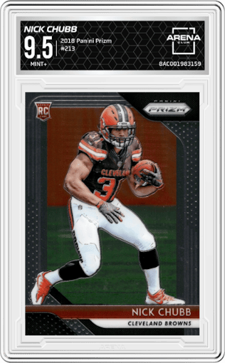 Nick Chubb from the 2018 Panini Prizm set graded by Arena Club and given an overall grade of 9.5.