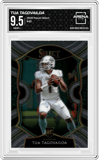 Tua Tagovailoa from the 2020 Panini Select set graded by Arena Club and given an overall grade of 9.5.