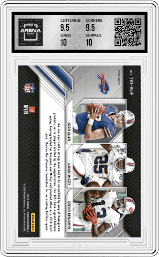 Josh Allen/LeSean McCoy/Kelvin Benjamin from the 2018 Panini Prizm set graded by Arena Club and given an overall grade of 10.